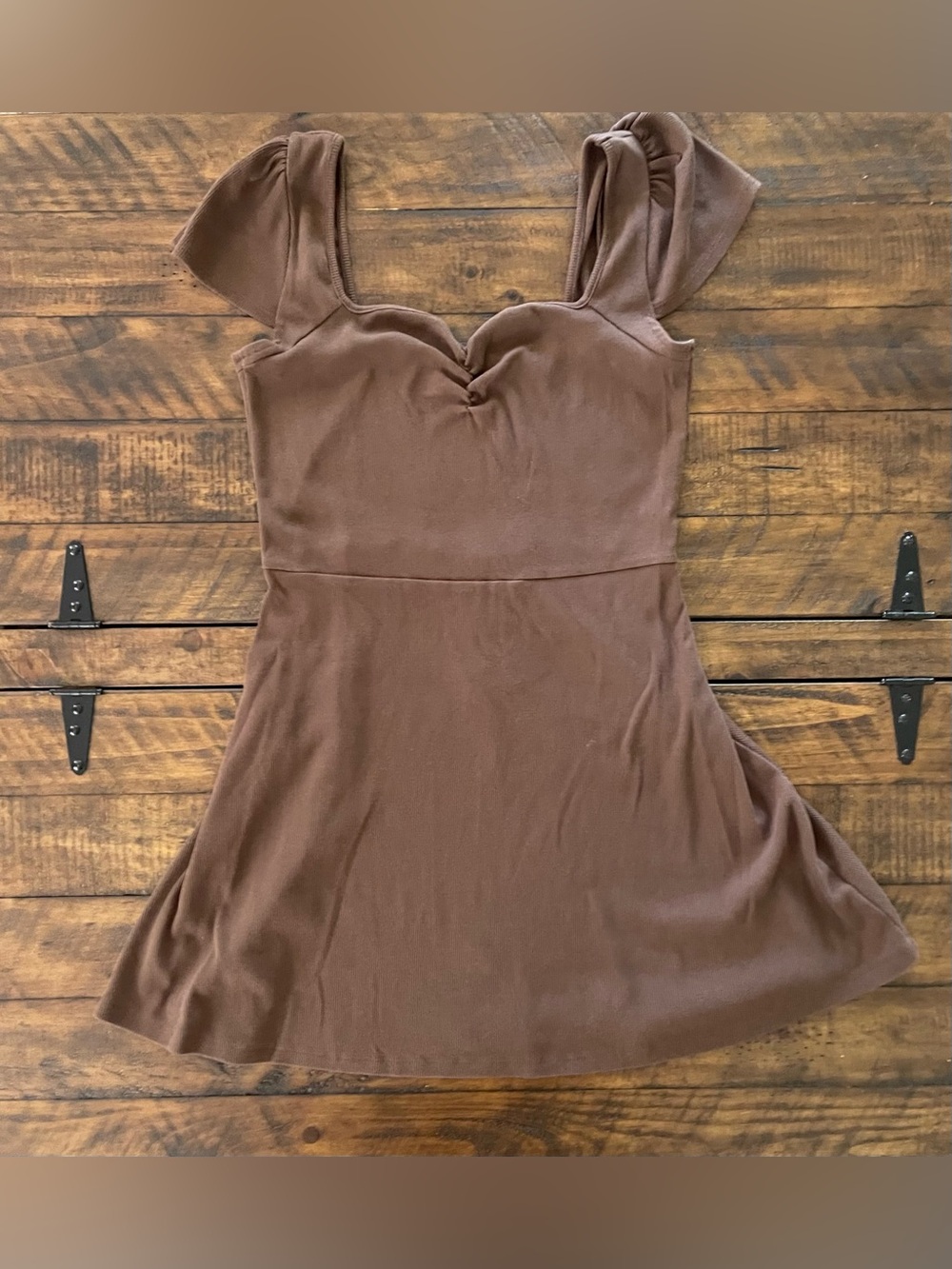 Wild Fable Brown Mini Dress With Sweetheart Neck Flutter Sleeve Fit and Flare